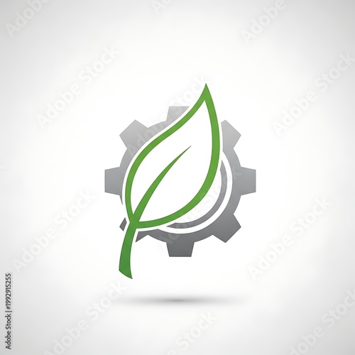Eco Friendly Industrial Concept with Green Leaf and Gear Icon on White Background.
