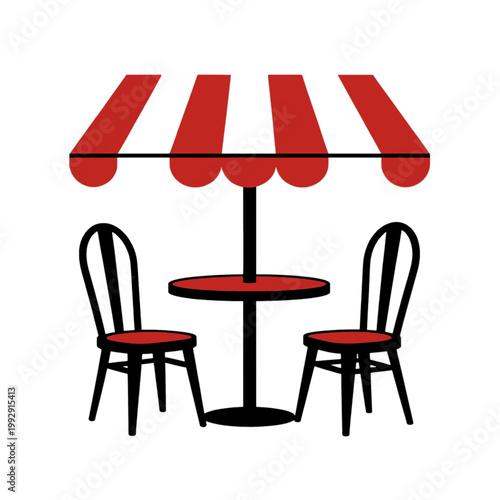 Cafe Table Chairs under Red Awning Flat Icon