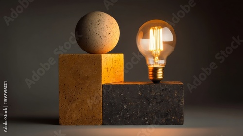 Abstract composition showcasing geometric shapes with a light bulb and textures in warm tones against a dark background for artistic inspiration