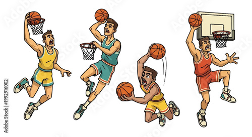 Basketball players in action performing dunks illustration