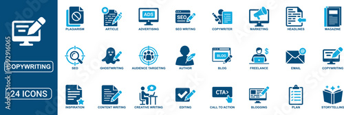 Copywriting and Content Writing Solid Icon Set Featuring SEO Blog Article Storytelling Author Marketing Advertising Editing and Creative Writing Vector Icons Collection