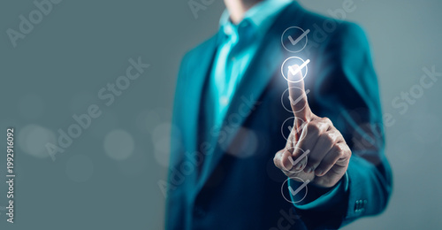 Canvastavla Businessman pressing digital checklist with glowing check marks, quality assuran