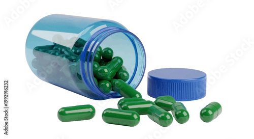 Minimal black silhouette icon, simple flat vector, bold black shape, no, no shading green capsules spilling out of a blue plastic pill bottle on a, flat icon style