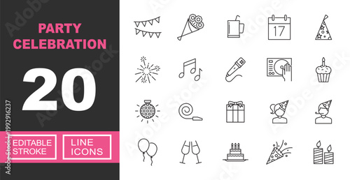 Party celebration line icon set. Exclusive Party celebration line icon collection. Containing Bunting, Bouquet, Calendar, Firework, Microphone, Gift, Balloon, Cake, Confetti, Candle. Editable stroke.