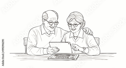 Happy senior couple using a digital tablet together, embracing technology with joy. Elderly man and woman engaging with modern device, line art illustration.