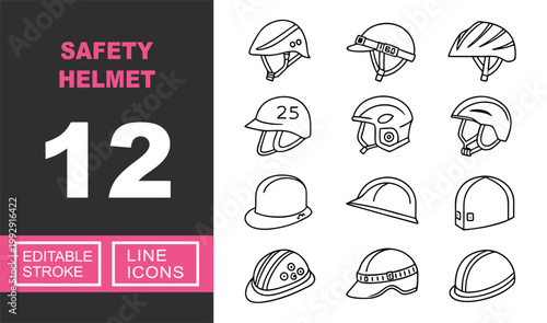 Safety Helmet line icon set. Exclusive Safety Helmet line icon collection. Containing helmet, protection, headgear, safety, hardhat, equipment, armor, cap, visor, industrial. Editable stroke.
