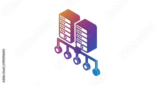 Minimal black silhouette icon, simple flat vector, bold black shape, no, no shading isometric illustration of two server towers connected to a network bus on a, flat icon style