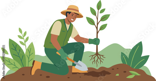 A man is planting a tree in the garden with a shovel.