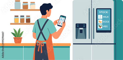 Man checks fridge inventory on smartphone in modern kitchen interior