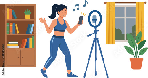 Woman recording herself dancing with phone on tripod in living room