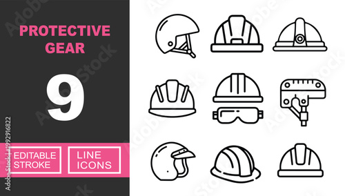 Protective Gear line icon set. Exclusive Protective Gear line icon collection. Containing helmet, hardhat, headgear, safety, goggles, mask, motorcycle, protection, construction. Editable stroke.