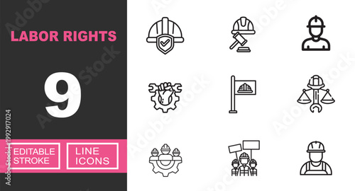 Labor rights line icon set. Exclusive Labor rights line icon collection. Containing Helmet, Gavel, Worker, Fist, Flag, Scale, Union, Protest, Overalls, Shield. Editable stroke.