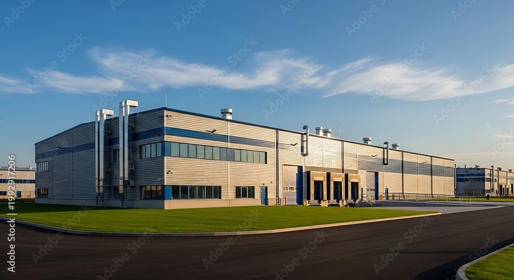 Obraz premium Modern industrial building exterior with loading docks against a blue sky