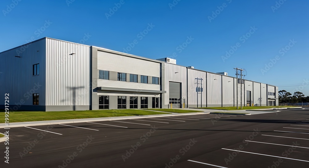 Obraz premium Modern industrial building exterior with parking area under clear blue sky