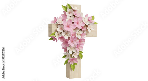 Wooden Cross Adorned with Pink and White Blossoms