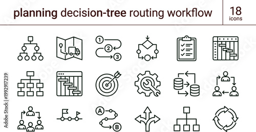 Planning decision tree routing workflow outline icon set strategy mapping sequencing optimization analytics interface vector collection toolkit