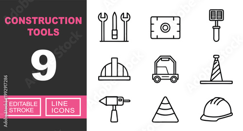 Construction Tools line icon set. Exclusive Construction Tools line icon collection. Containing wrench, level, trowel, helmet, roller, cone, jackhammer, barrier, hammer, drill. Editable stroke.