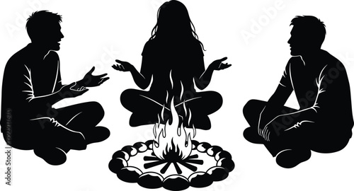 People sitting around campfire silhouette illustration with friends storytelling and outdoor camping activity for adventure lifestyle vector design