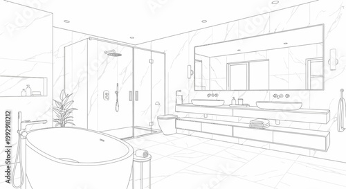 Architectural line drawing of a luxury modern bathroom interior