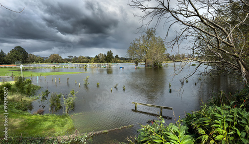 Flooded Herries Park and go-kart track, Te Aroha, New Zealand. Panoramic view. Flooding adjacent to Waihou River after Cyclone Vaianu, April 2026. Matamata-Piako District, Waikato region.