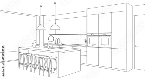 Architectural line drawing of a modern kitchen with island