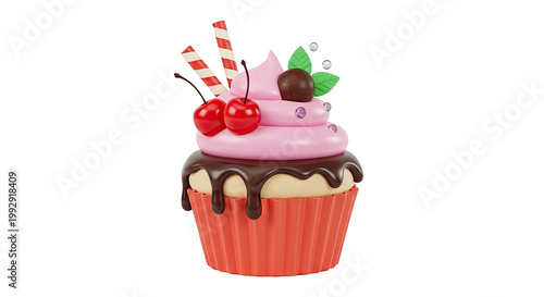 3D Rendered Cupcake with Pink Frosting and Chocolate Drizzle