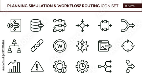 Planning simulation workflow routing outline icon set process automation mapping optimization analytics interface vector collection toolkit