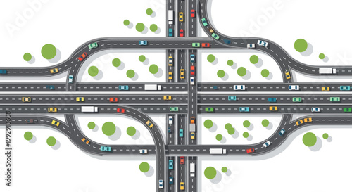 Busy highway interchange with traffic congestion, complex road network, urban transportation concept