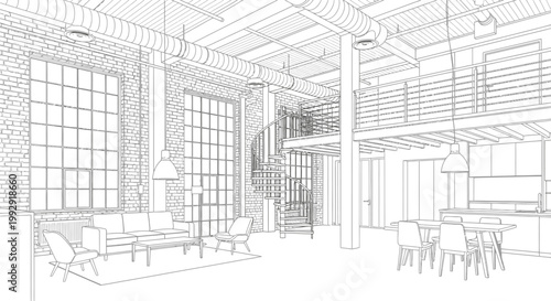 Architectural line drawing of modern industrial loft interior