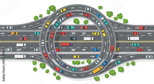 Busy highway interchange with traffic jam and circular junction