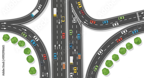 Busy highway interchange with traffic jam and cars, trucks, and buses