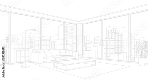 Architectural line drawing of modern living room with city view