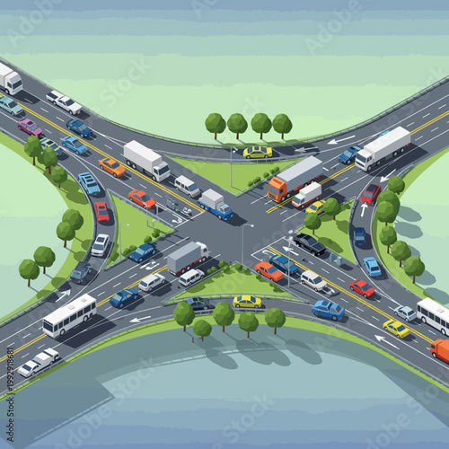 Busy highway intersection with heavy traffic jam, cars and trucks stuck in congestion