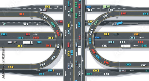 Busy highway interchange with traffic jam, aerial view