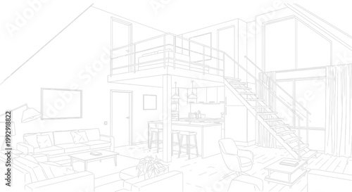 Architectural line drawing of modern open plan loft apartment
