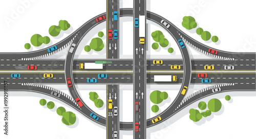 Aerial view of a complex highway interchange with traffic flow, cars, trucks, and trees