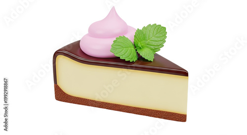Slice of Cheesecake with Pink Frosting and Mint Garnish