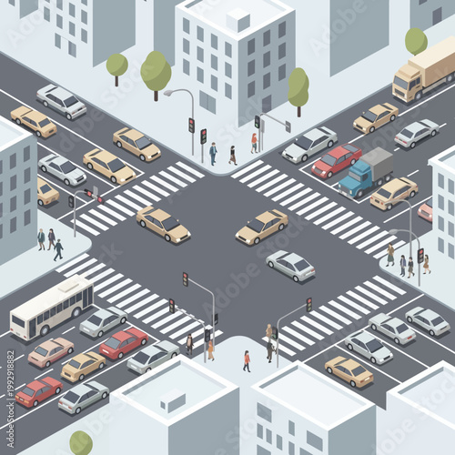 Busy City Intersection with Traffic Jam and Pedestrians