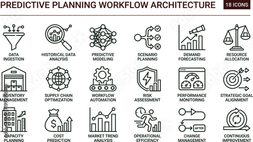 Predictive planning workflow architecture outline icon set forecasting analytics scenario modeling optimization strategy management interface vector collection toolkit