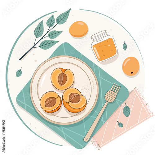 Still life illustration of sliced fresh apricots on ceramic plate with honey jar and green leaves for organic fruit harvest and farm to table products advertisement.