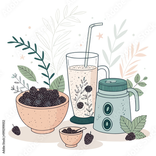 Fresh blackberries in a bowl with a smoothie and blender. organic berries for healthy drink and nutrition. vegan food concept.