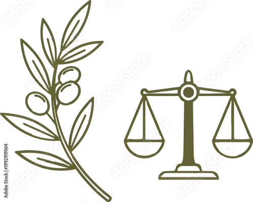 Olive branch, scales icon, law and peace symbol, gold line art