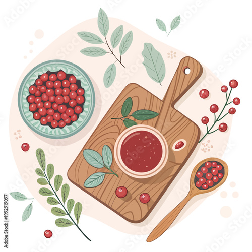 Bowl of fresh cranberries on wooden cutting board with spoon and bowl of cranberry sauce and leaves.