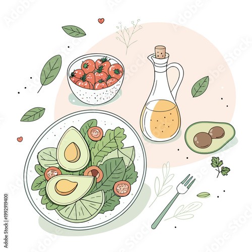 Healthy green salad with avocado slices and cherry tomatoes served with olive oil dressing and fresh vegetables in a bowl for nutritious lunch vector illustration.