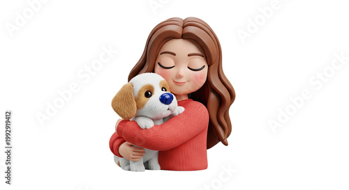 3D Cartoon Girl Hugging a Puppy