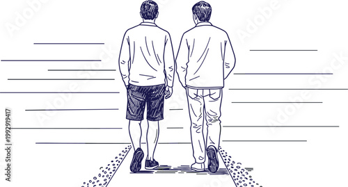 Two friends walking together back view line art illustration representing friendship bond and companionship for lifestyle vector design