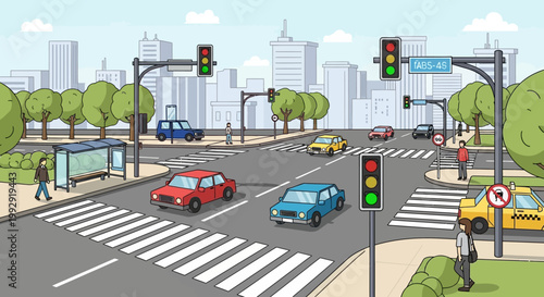 Busy city intersection with traffic lights, cars, pedestrians, and crosswalks