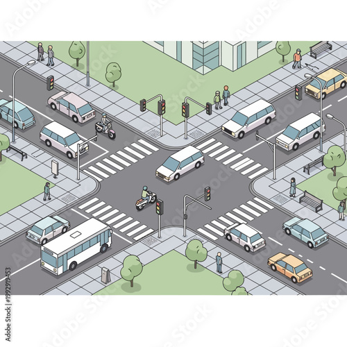 Busy city intersection with cars, bus, and pedestrians crossing streets