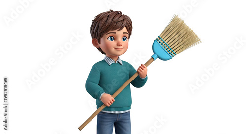 Cartoon Boy Holding a Broom