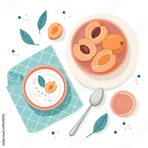Delicious bowl of yogurt with fresh apricots and mint leaves, served with spoon and cup, healthy eating, morning meal, top view.